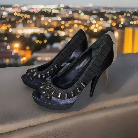 Tory Burch Erinn Satin Platform Studded Heels Blue Size 6M - Picture 1 of 11